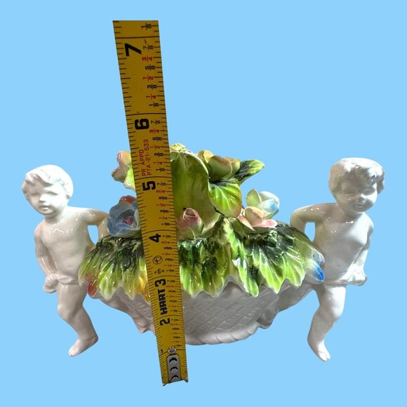 Kalk Jardiniere Planter Vase Roses & Flanked By Twin Cherubs Vintage Angels - Picture 6 of 9